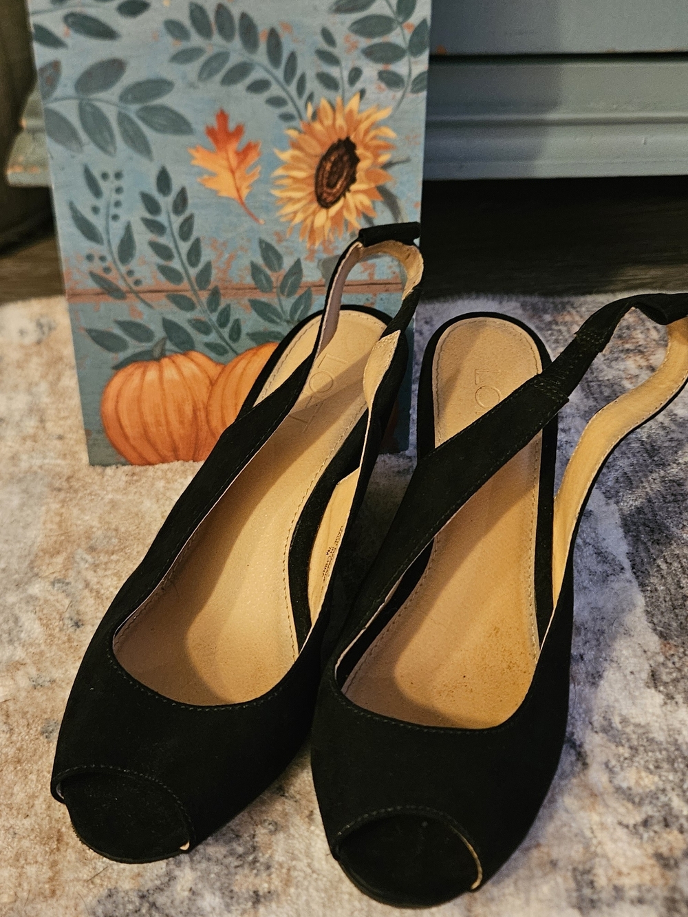 LOFT Black Suede Peep-Toe Slingback Heels